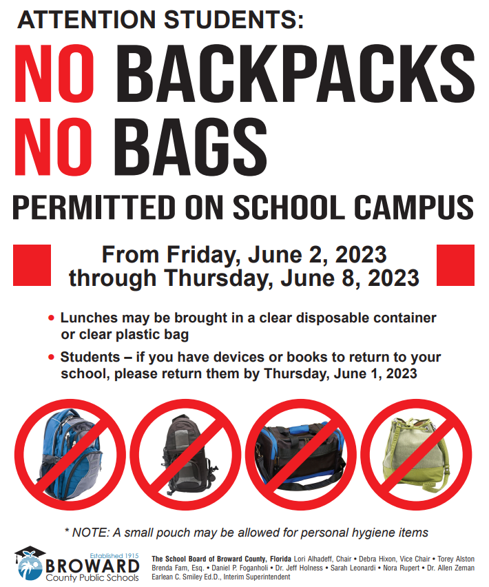  Flier - No Backpacks Last week of school, 2023